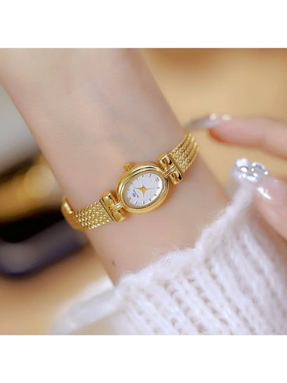 Women's Gold White Fashion Small Oval Quartz Leather Band Minimalist Wrist Watch